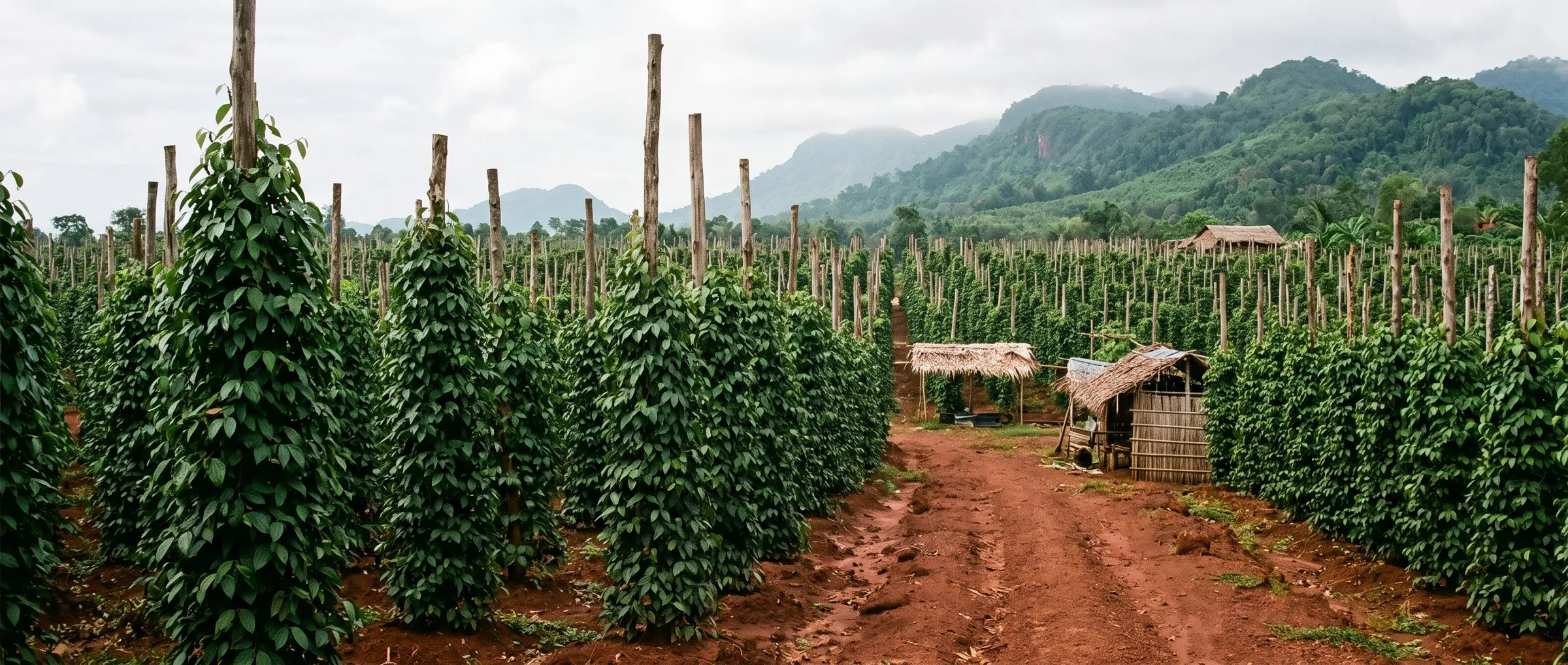 Black pepper vines on tall poles at a Kampot plantation